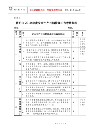普陀山XXXX年度安全生产目标管理工作考核指标