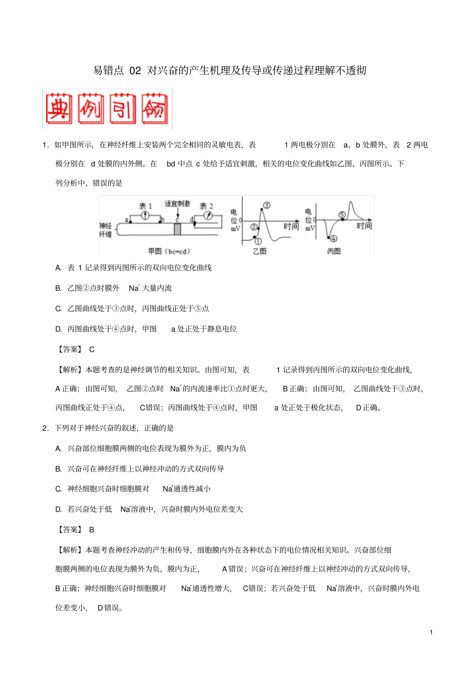 备战高考生物高频易错点(三)专题02对兴奋的产生机理_第1页