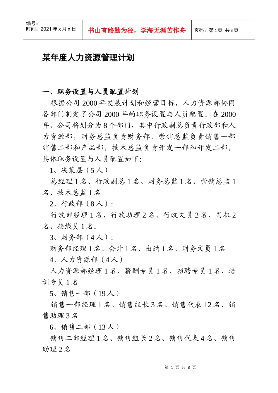 某公司某年度人力资源管理计划_第1页