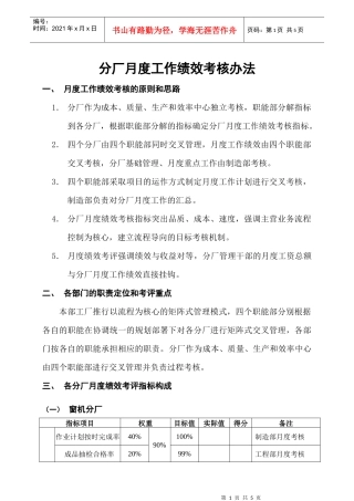 某公司分厂月度绩效考核管理办法