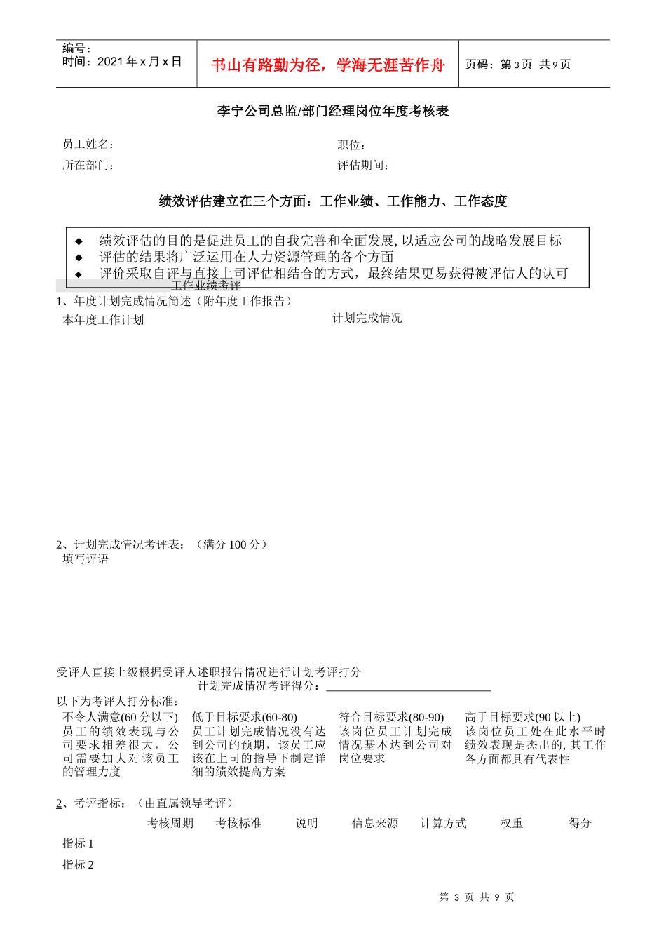 某公司总监部门经理岗位季度考评表_第3页