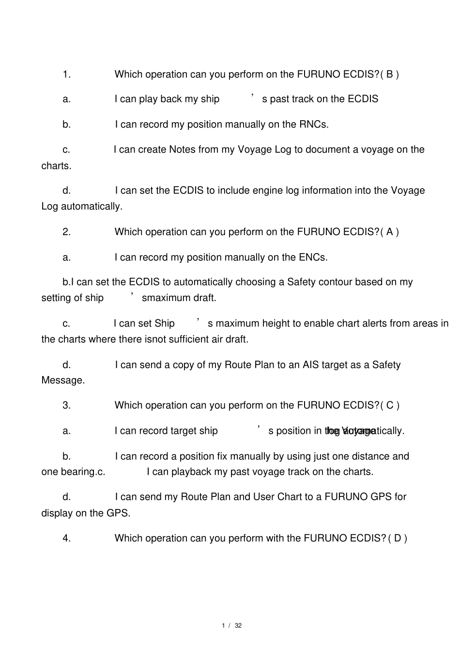 (完整版)FURUNOECDISMultipleChoiceTest古野电子海图题库测试题_第1页