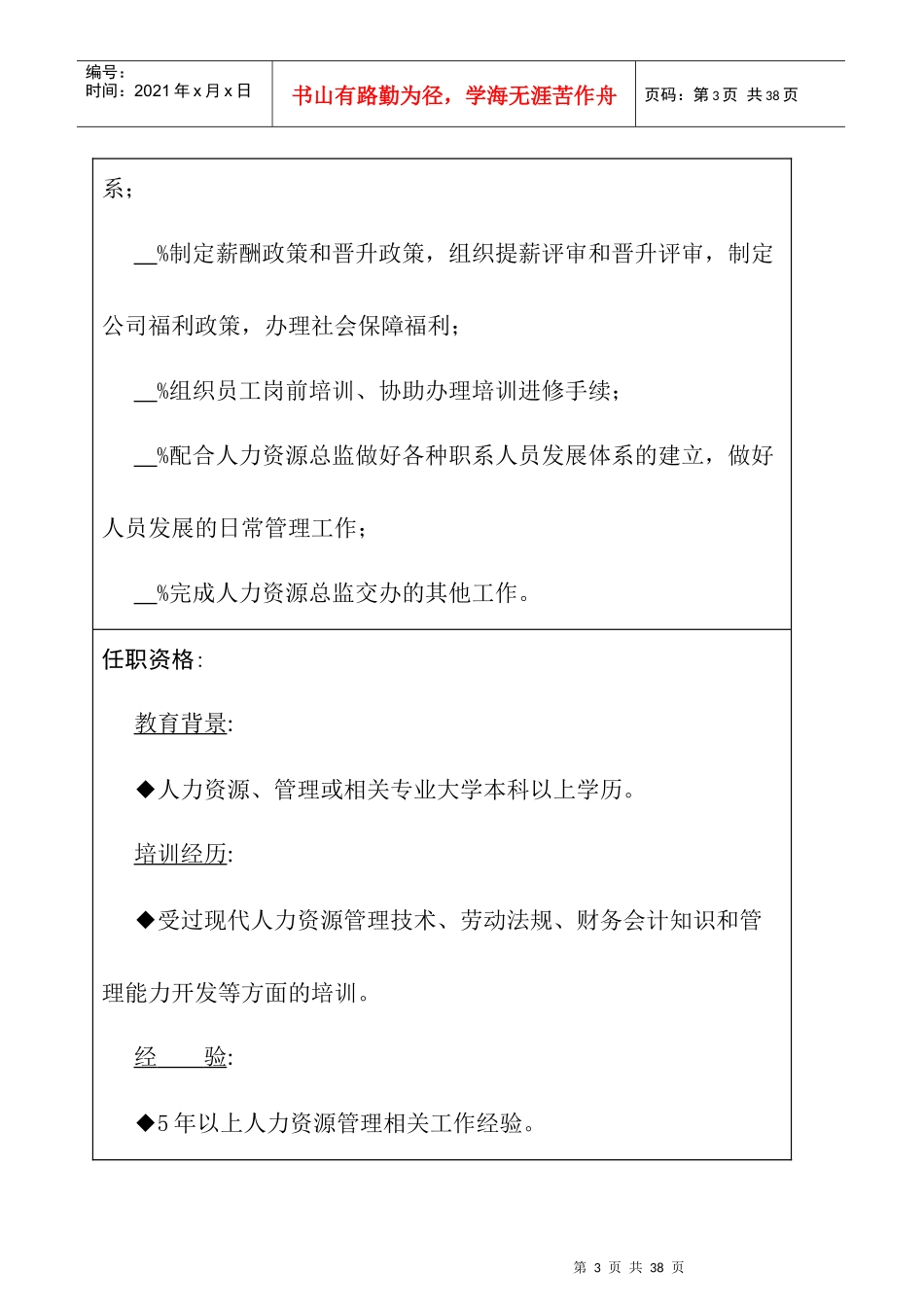 某公司人力资源管理职位说明书_第3页