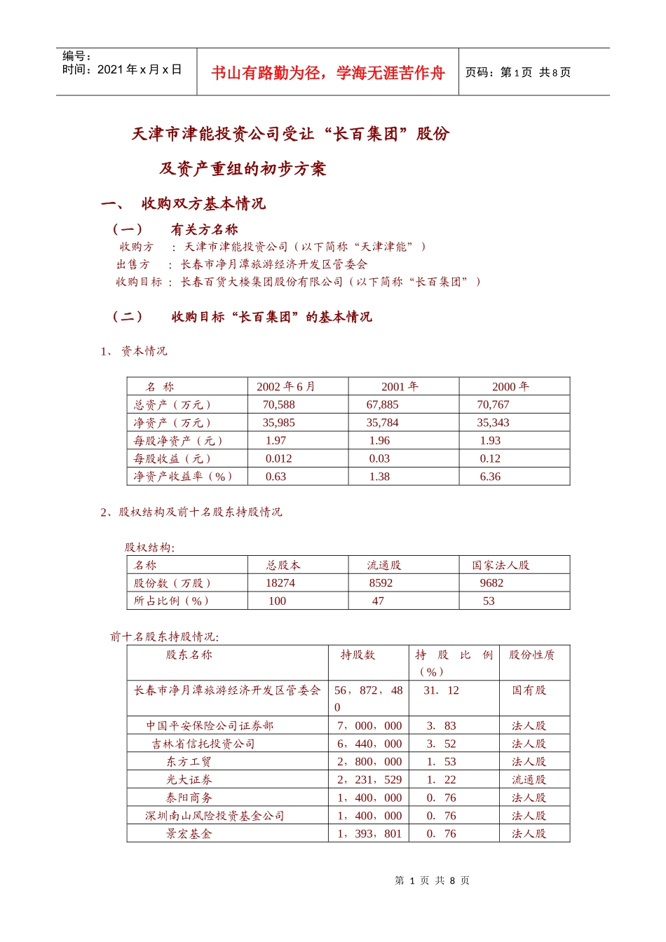 某公司资产重组的初步方案_第1页