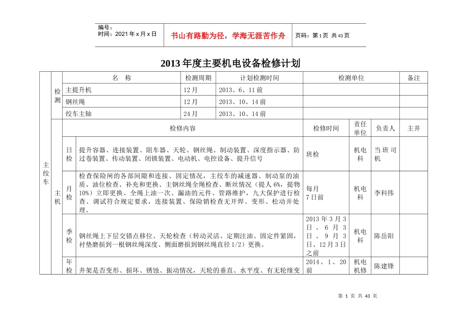 某公司年度主要机电设备检修计划_第1页