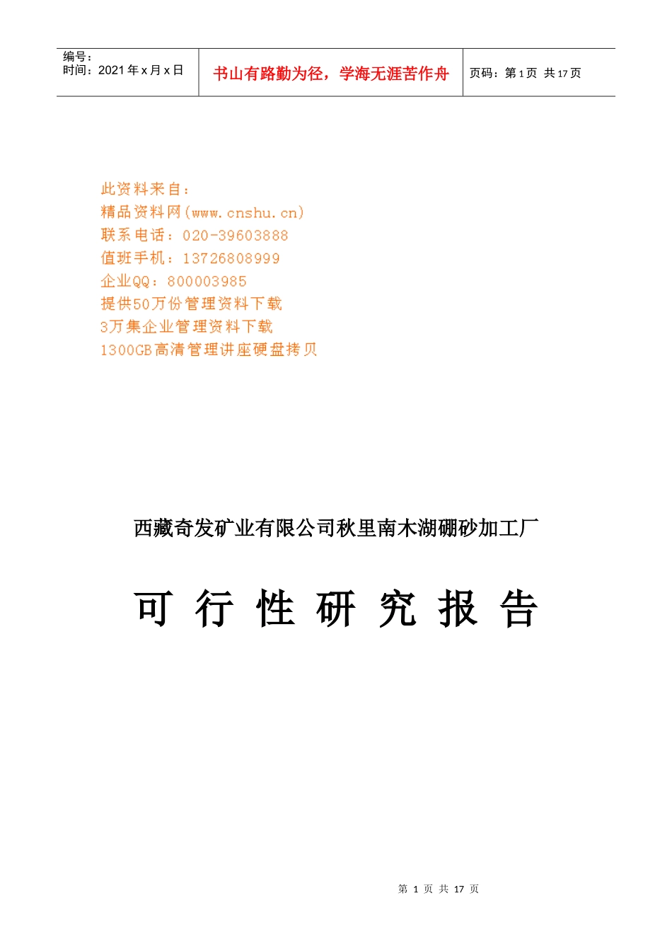 某公司秋里南木湖硼砂加工厂可行性研究报告_第1页