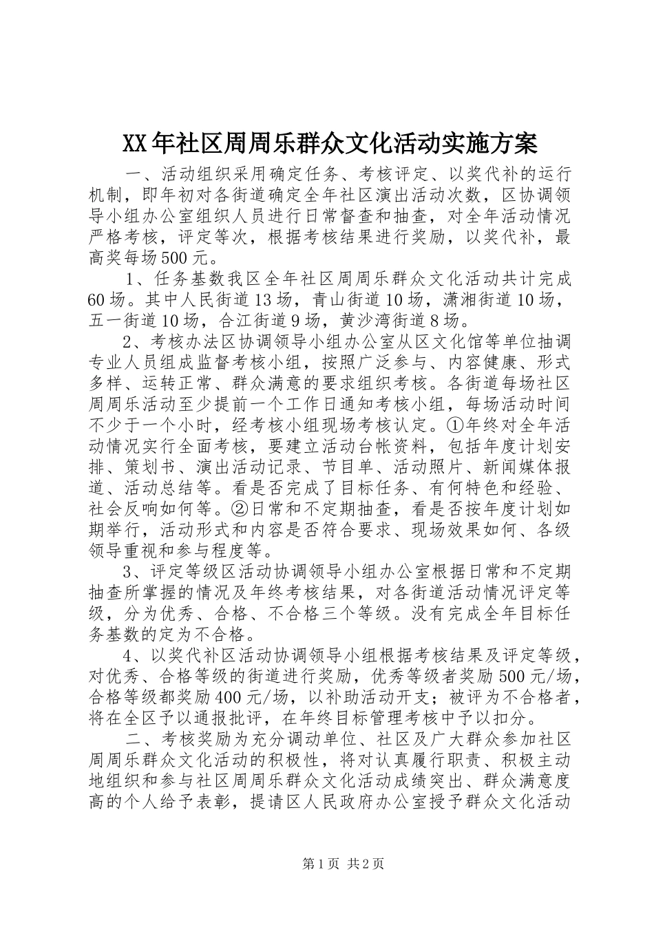 XX年社区周周乐群众文化活动方案_第1页