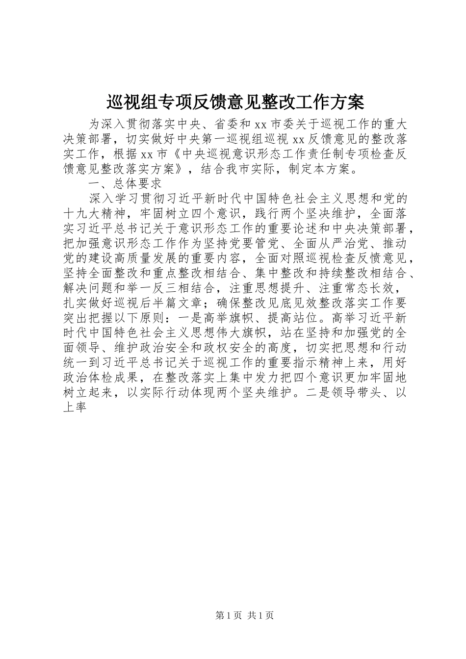 巡视组专项反馈意见整改工作实施方案_第1页