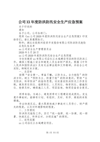 公司XX年度防洪防汛安全生产应急处理预案