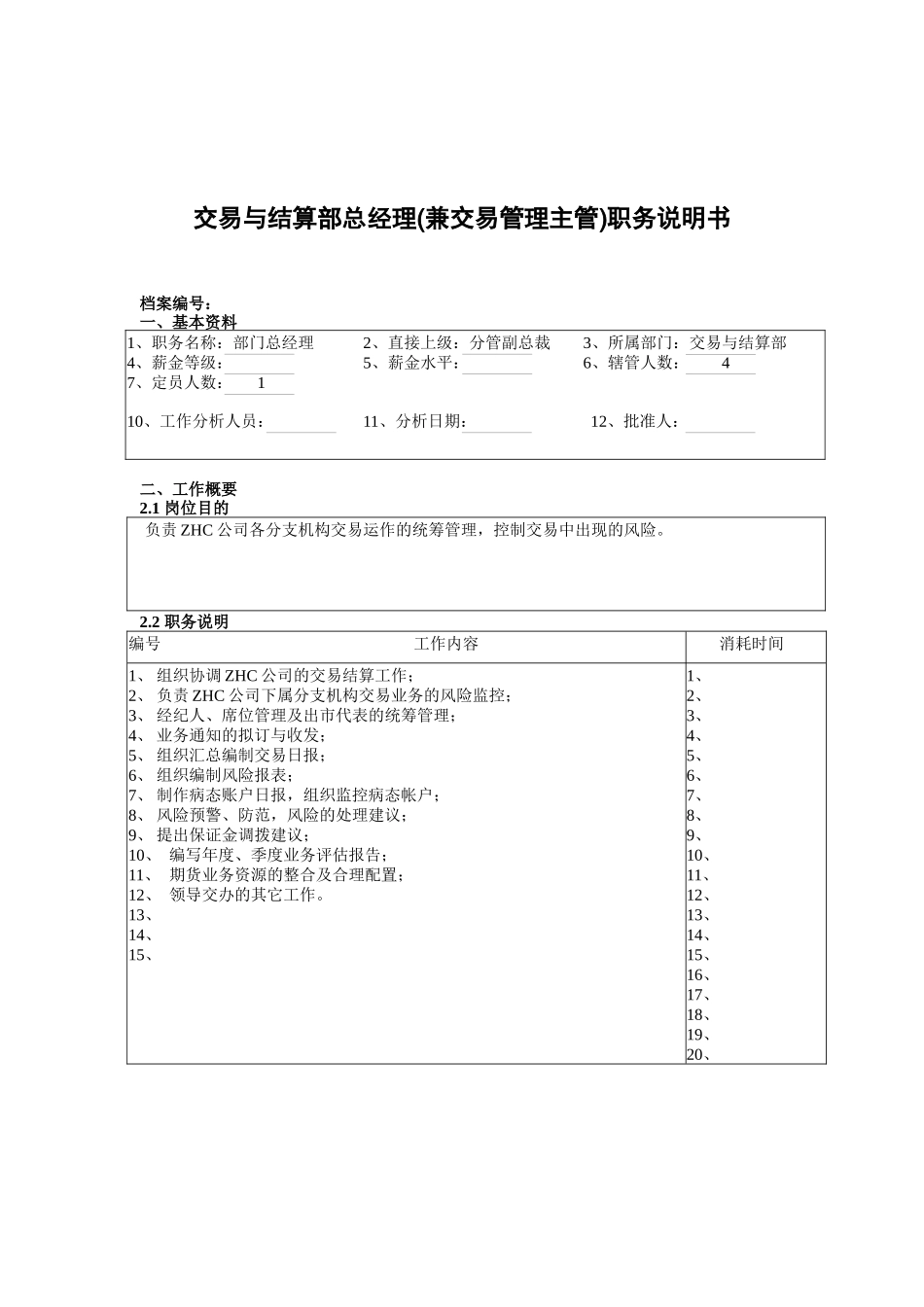某公司总部交易与结算部总经理(兼交易管理主管)职务说明书_第1页