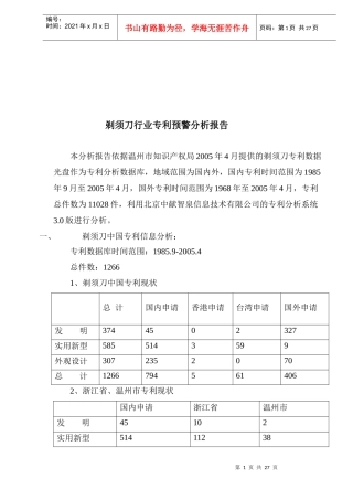 某公司剃须刀行业专利预警分析报告
