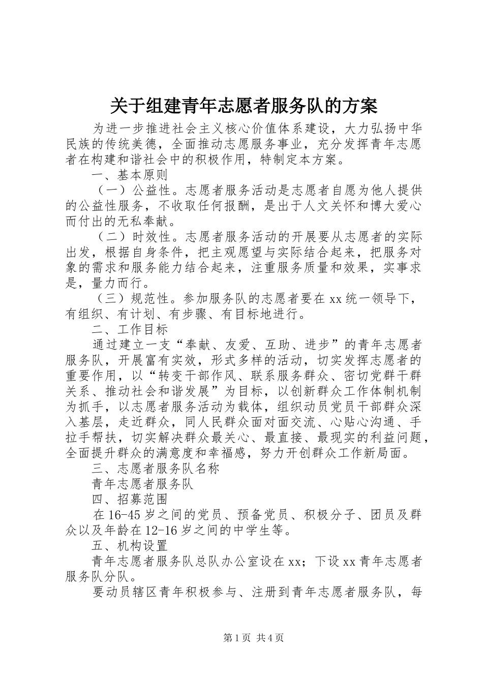 关于组建青年志愿者服务队的实施方案_第1页