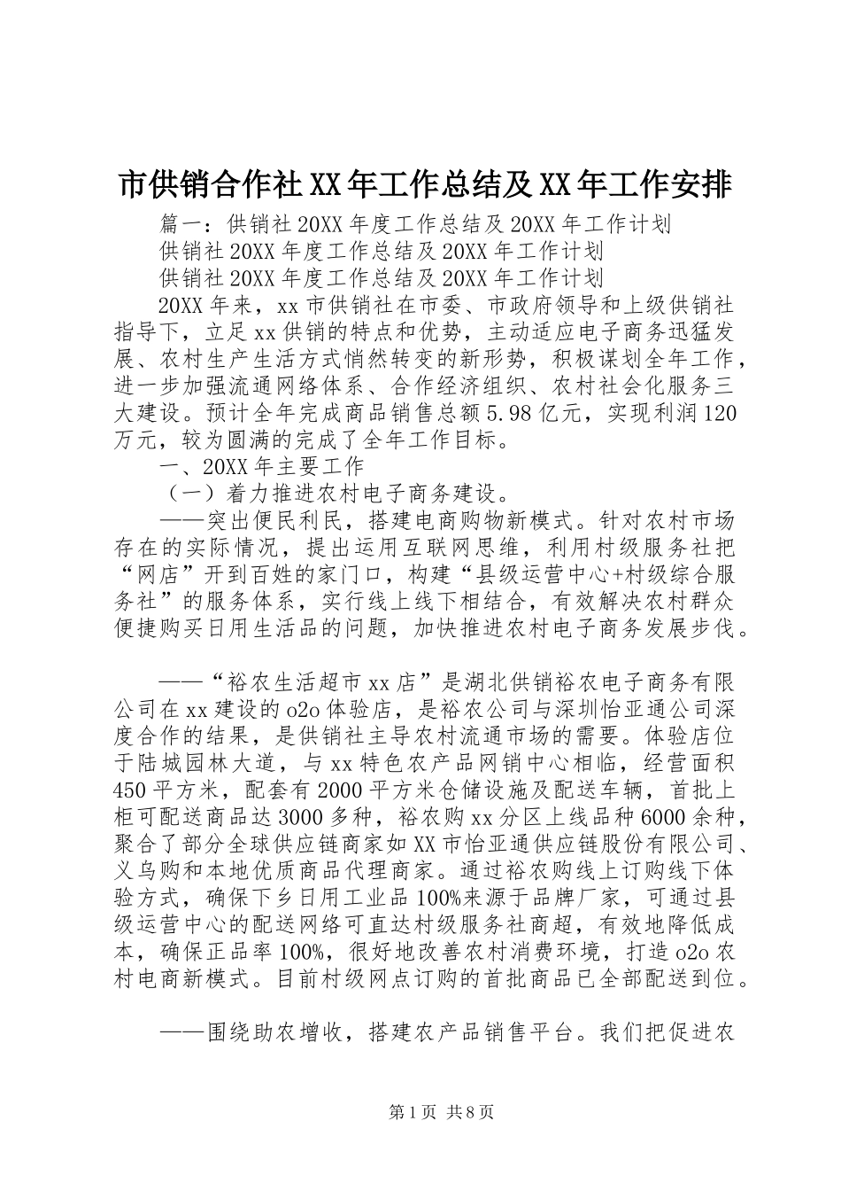 市供销合作社工作总结及工作安排_第1页