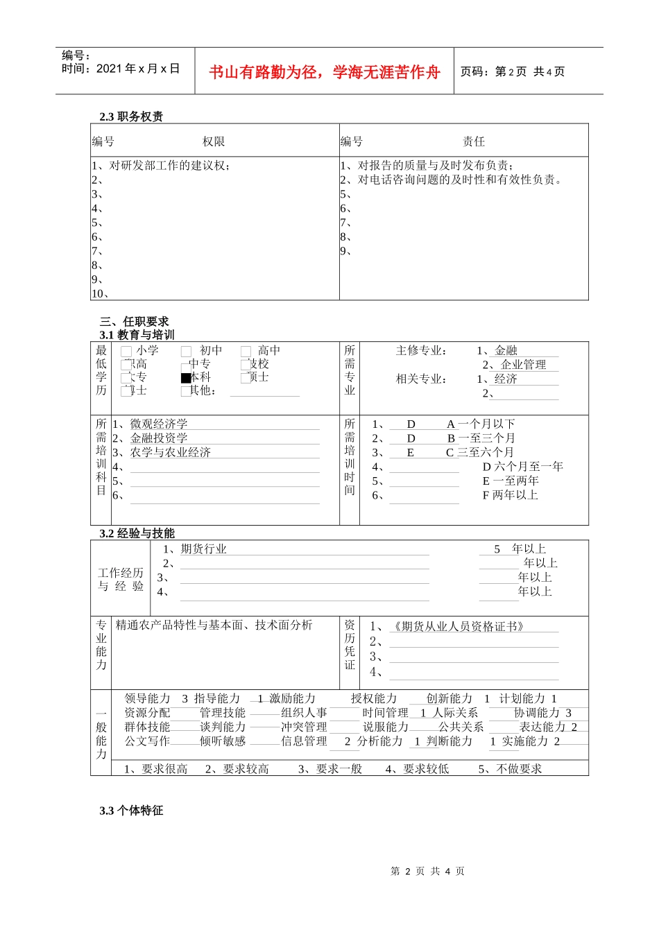 某北京分公司研究发展部分析员职务说明书_第2页