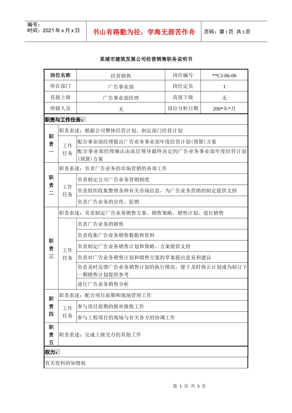 某城市建筑发展公司经营销售职务说明书_第1页