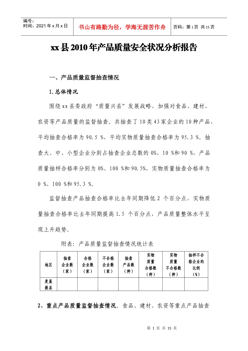 某县年度产品质量安全状况分析报告_第1页