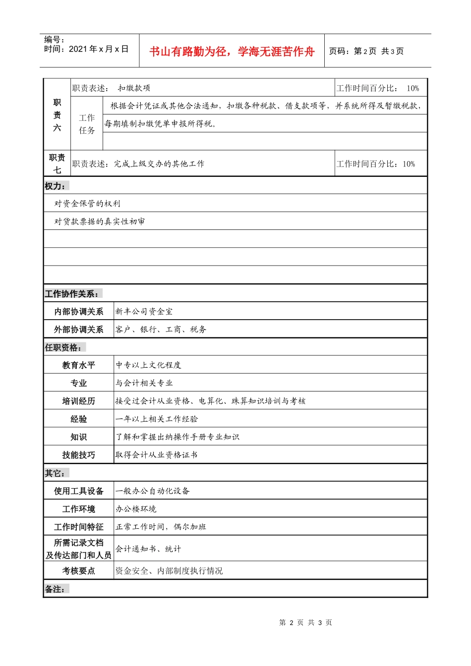 某咨询管理咨询公司新丰化纤项目组出纳职务说明书_第2页