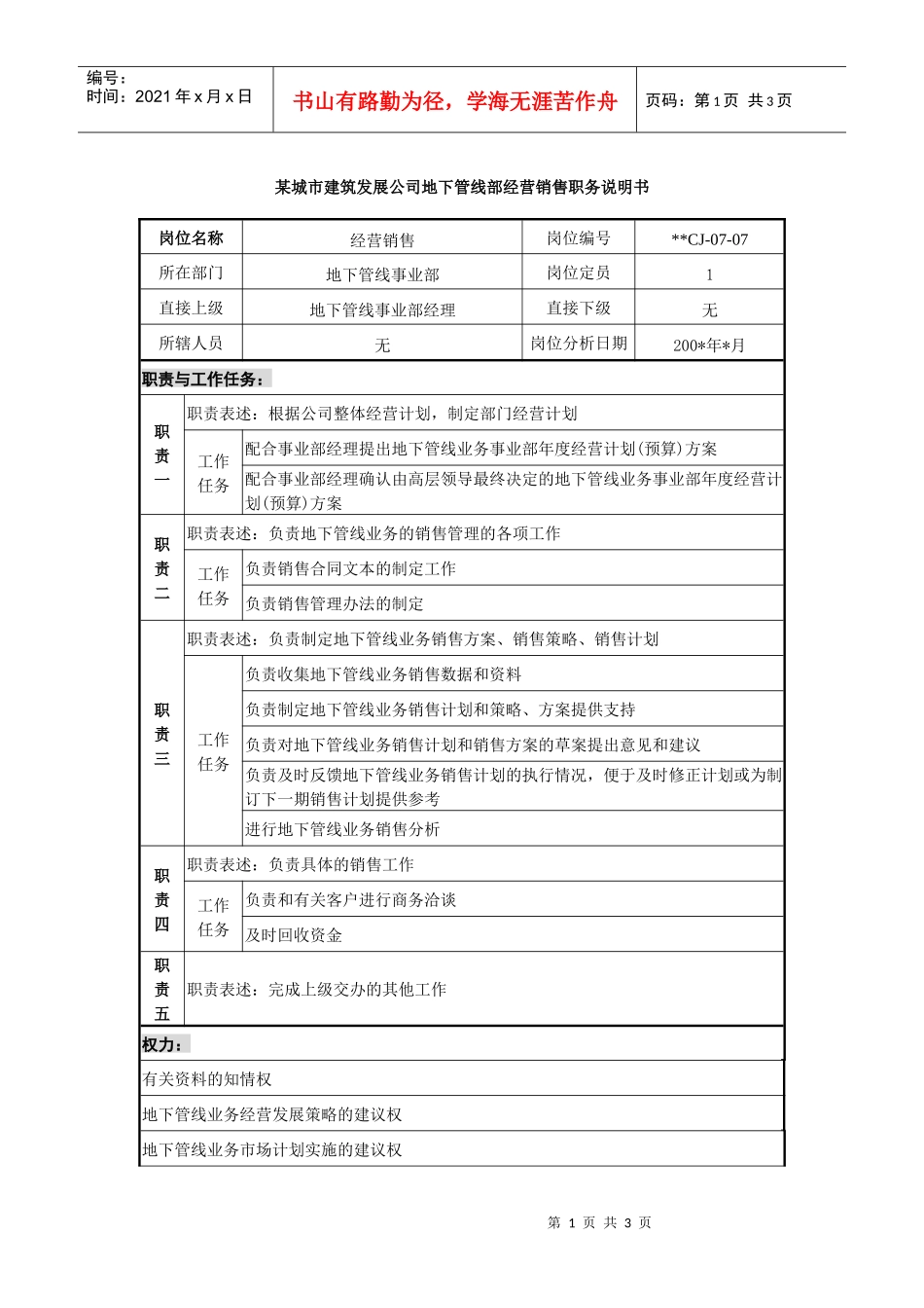 某城市建筑发展公司地下管线部经营销售职务说明书_第1页
