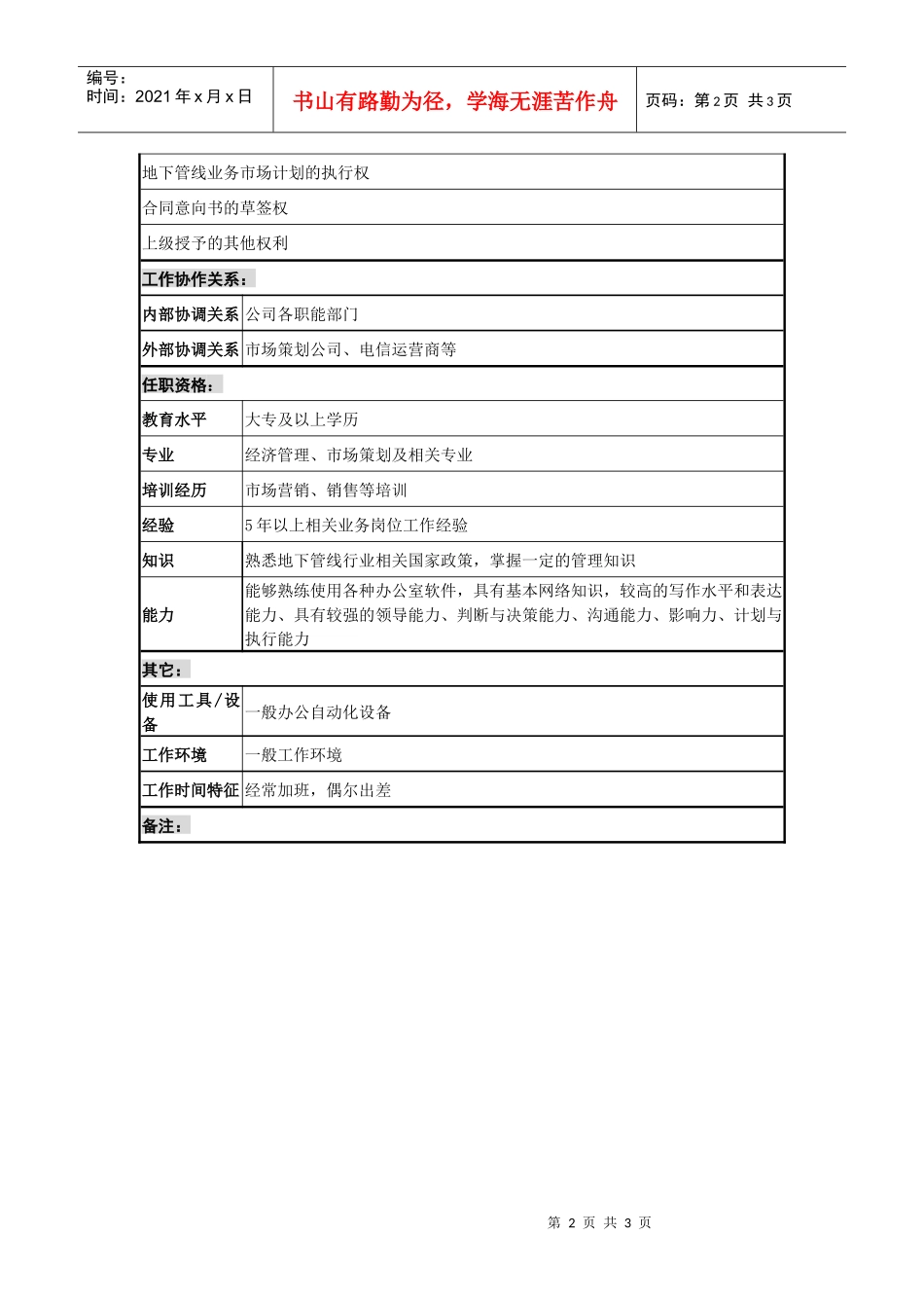 某城市建筑发展公司地下管线部经营销售职务说明书_第2页