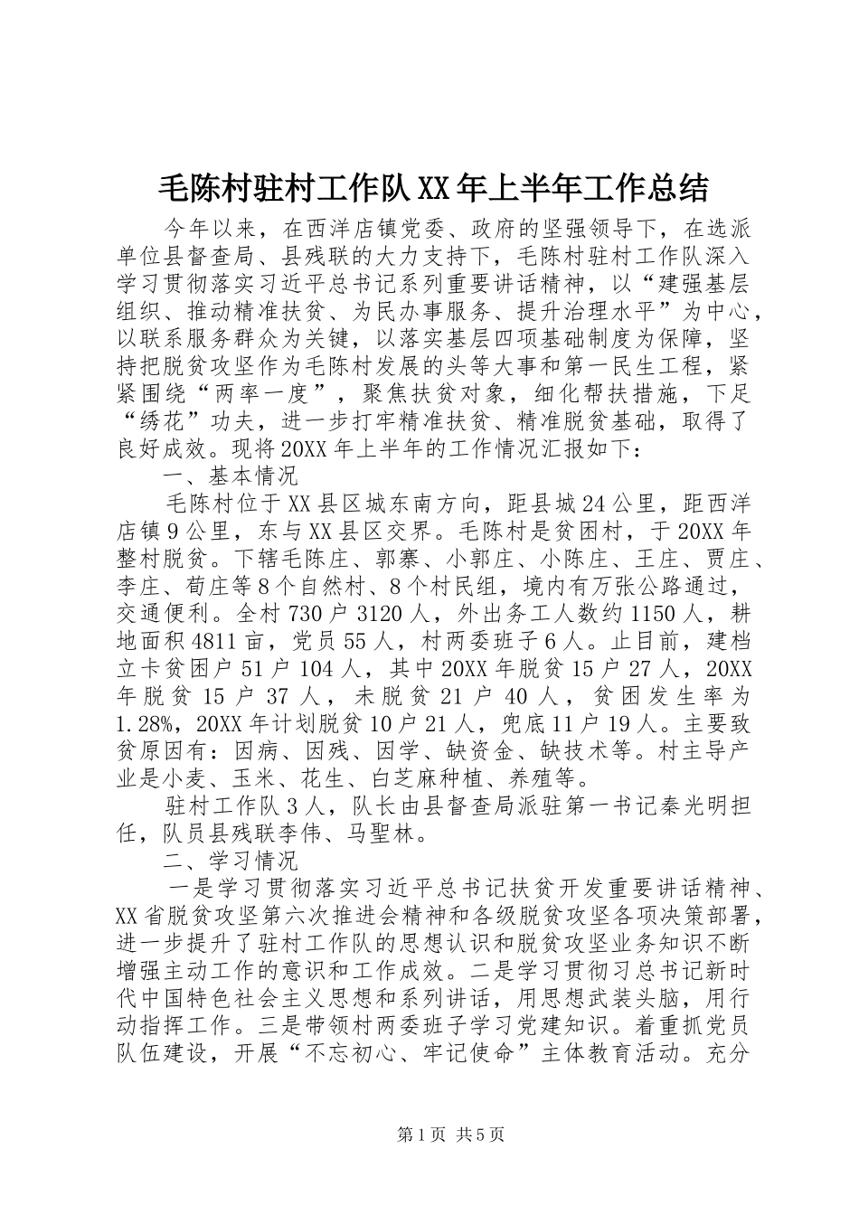 毛陈村驻村工作队上半年工作总结_第1页
