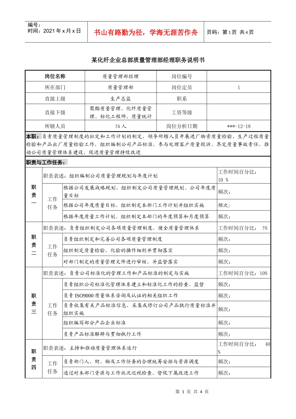 某化纤企业总部质量管理部经理职务说明书_第1页