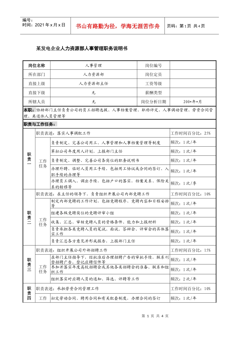 某发电企业人力资源部人事管理职务说明书_第1页