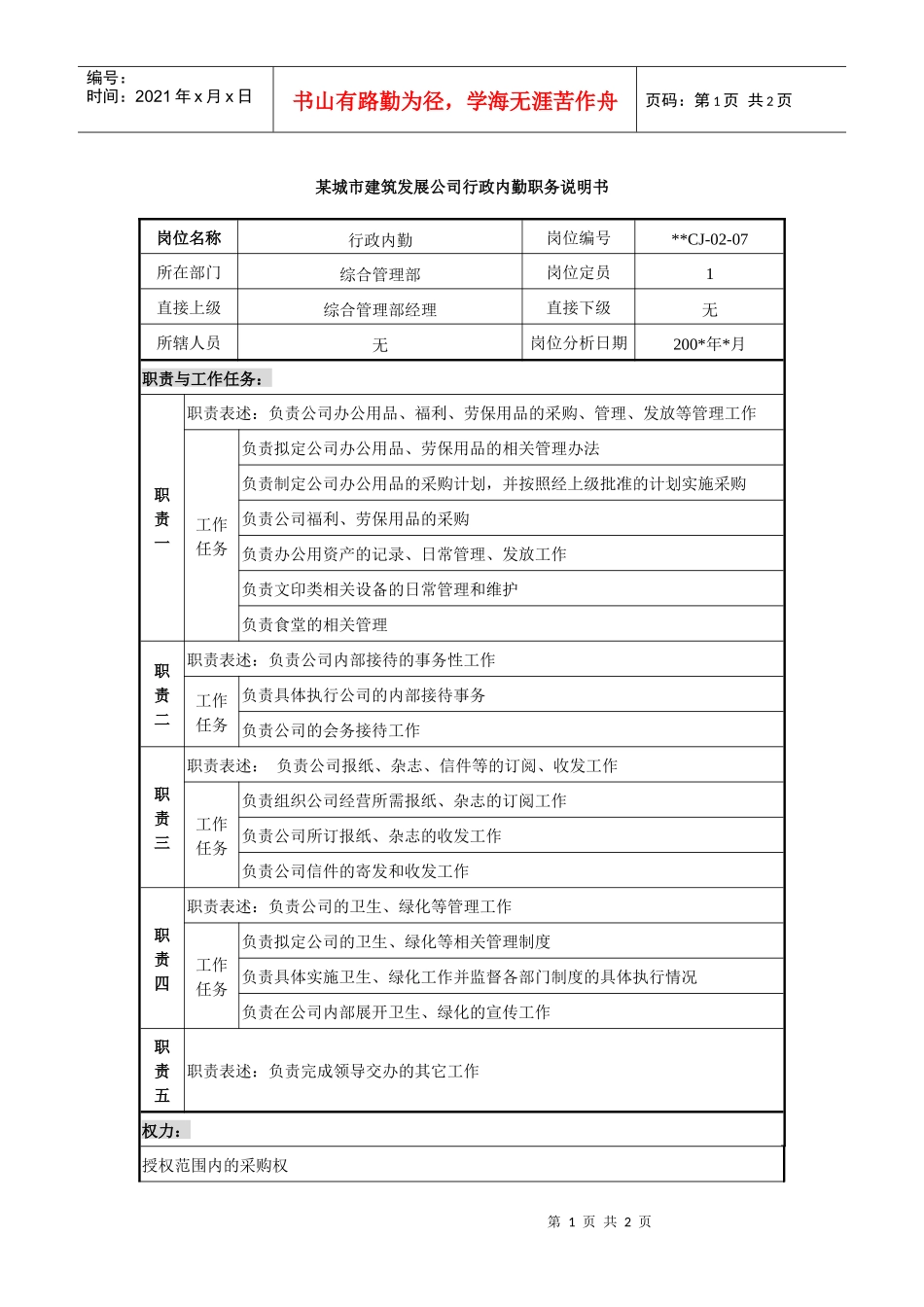 某城市建筑发展公司行政内勤职务说明书_第1页