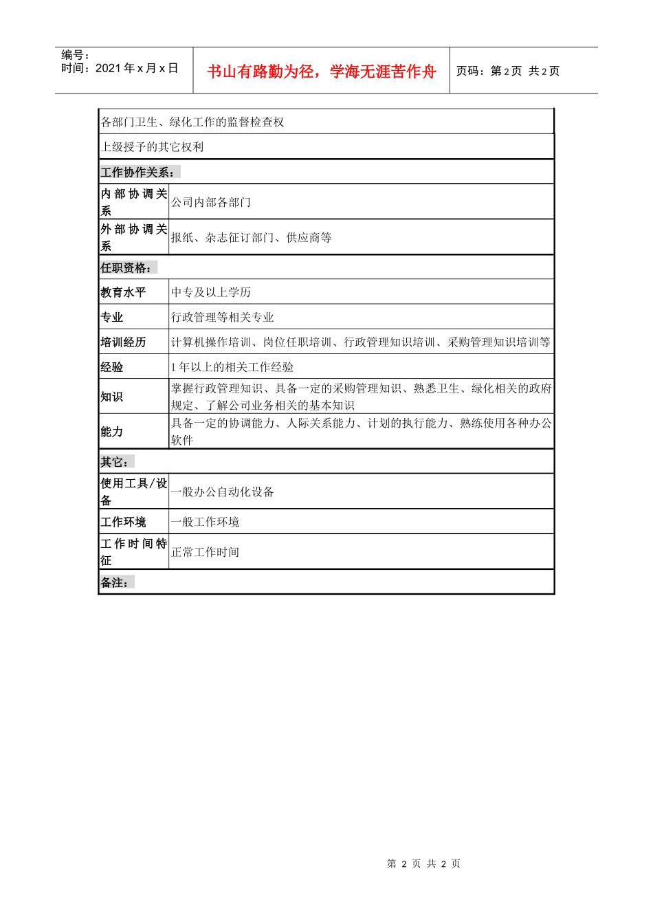 某城市建筑发展公司行政内勤职务说明书_第2页