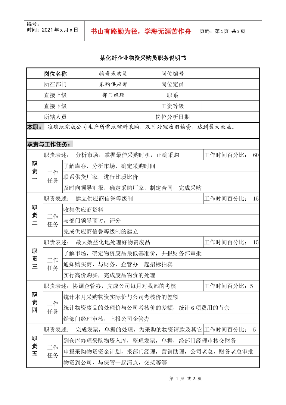 某化纤企业物资采购员职务说明书._第1页