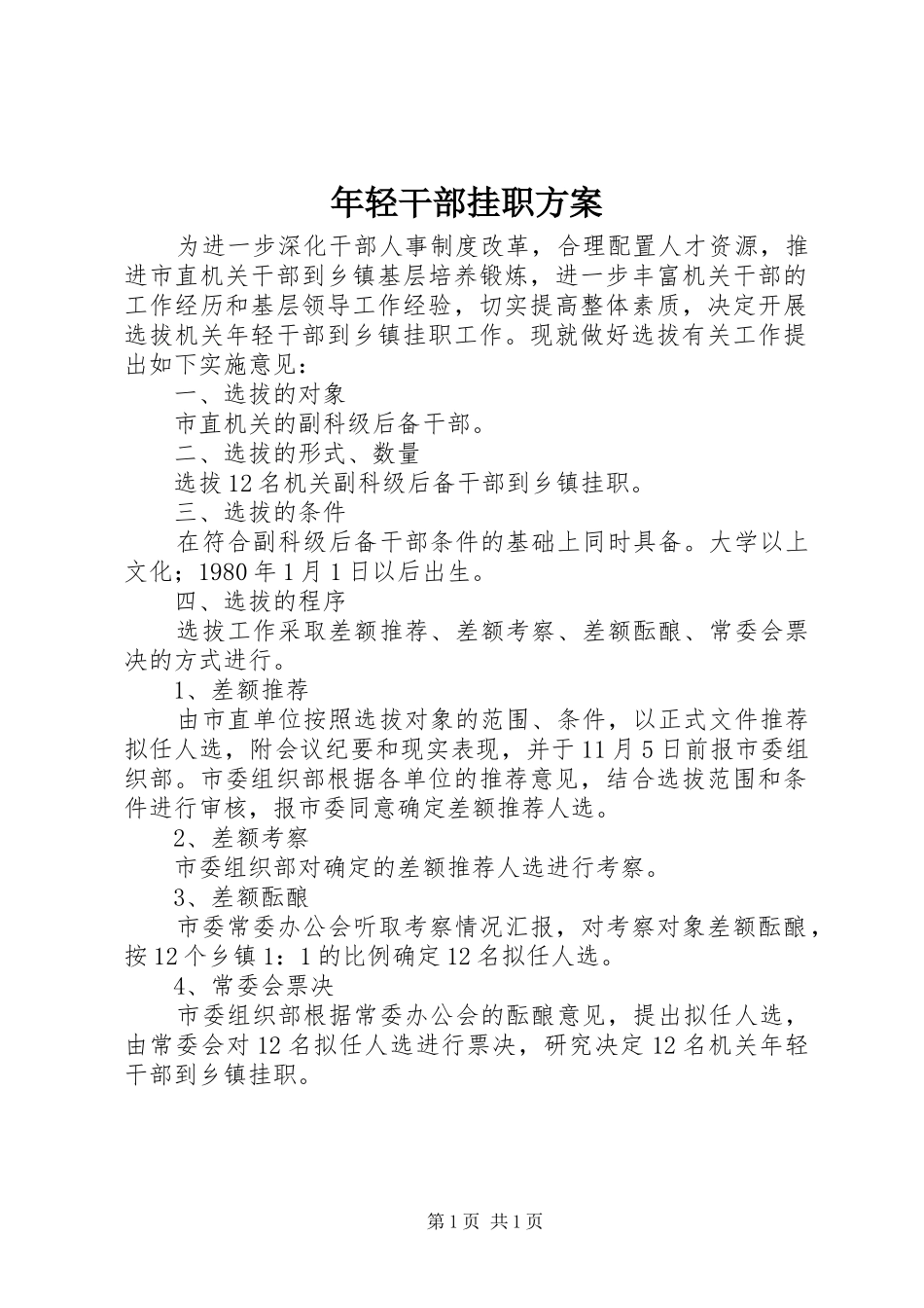 年轻干部挂职实施方案_第1页