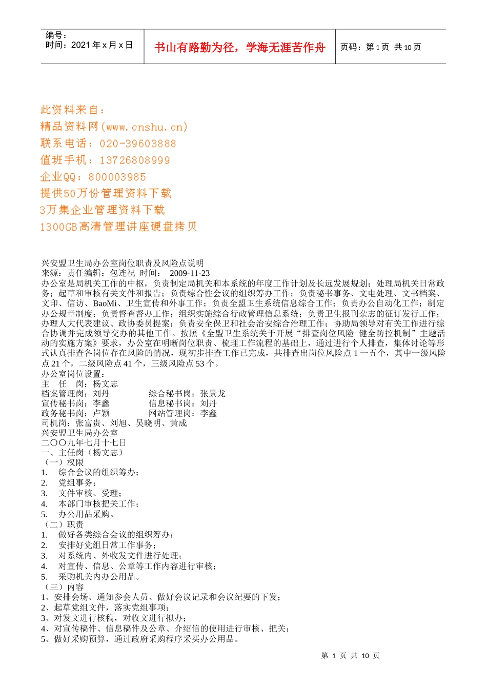 某卫生局办公室岗位职责及风险点说明_第1页