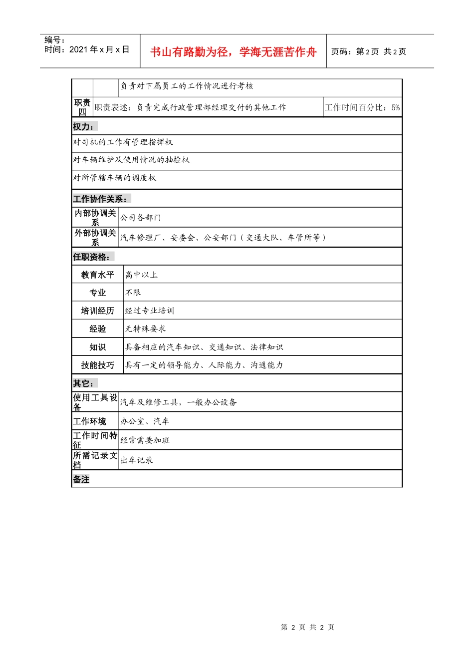 某地产企业行政管理部车辆管理职务说明书_第2页