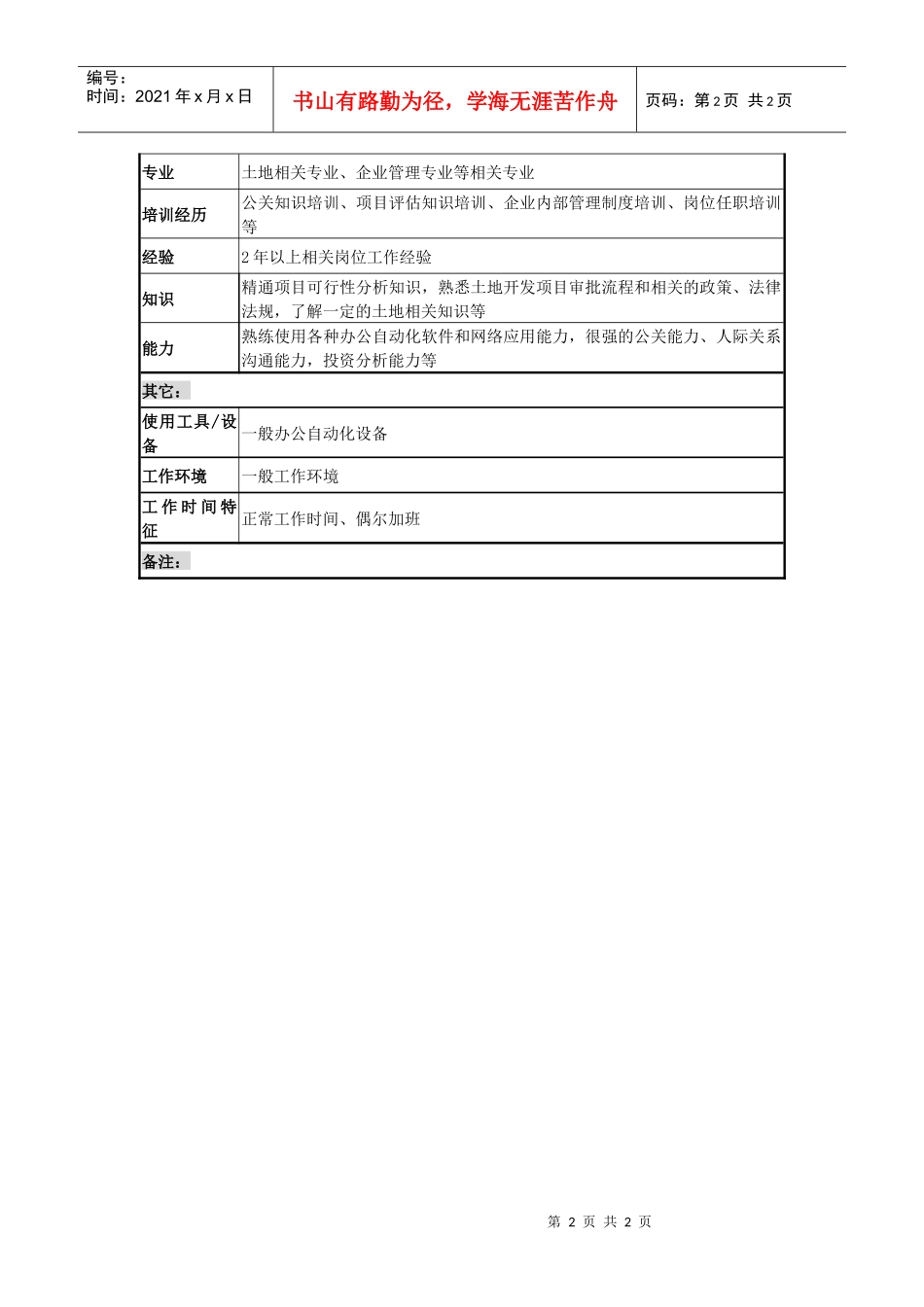 某城市建筑发展公司项目前期开发（土地开发）职务说明书_第2页
