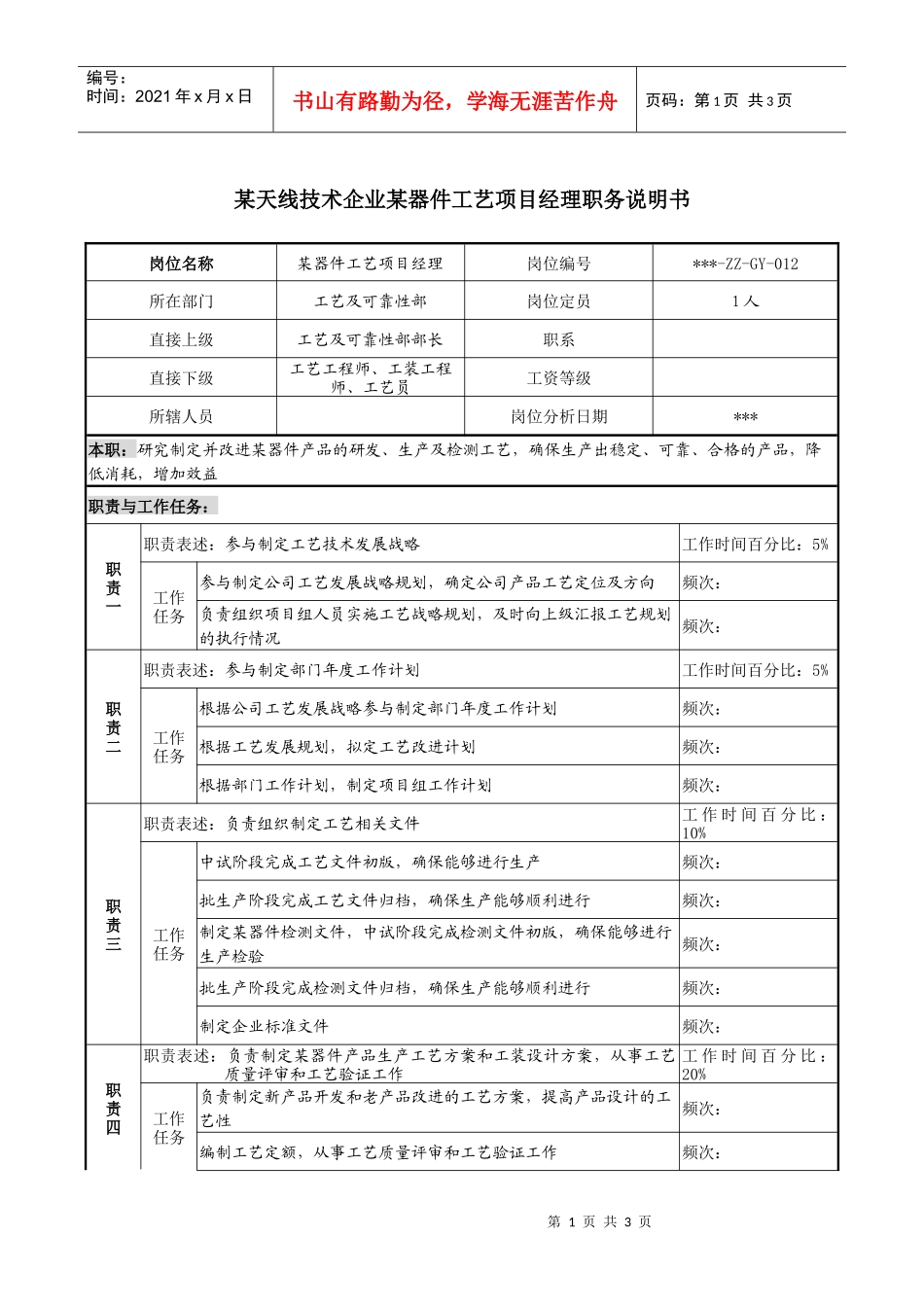 某器件工艺项目经理职务说明书_第1页