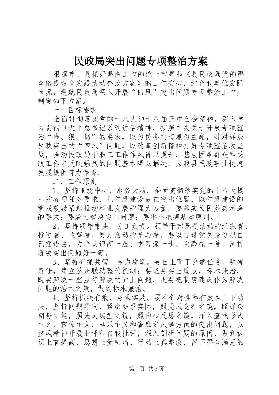 民政局突出问题专项整治实施方案_第1页