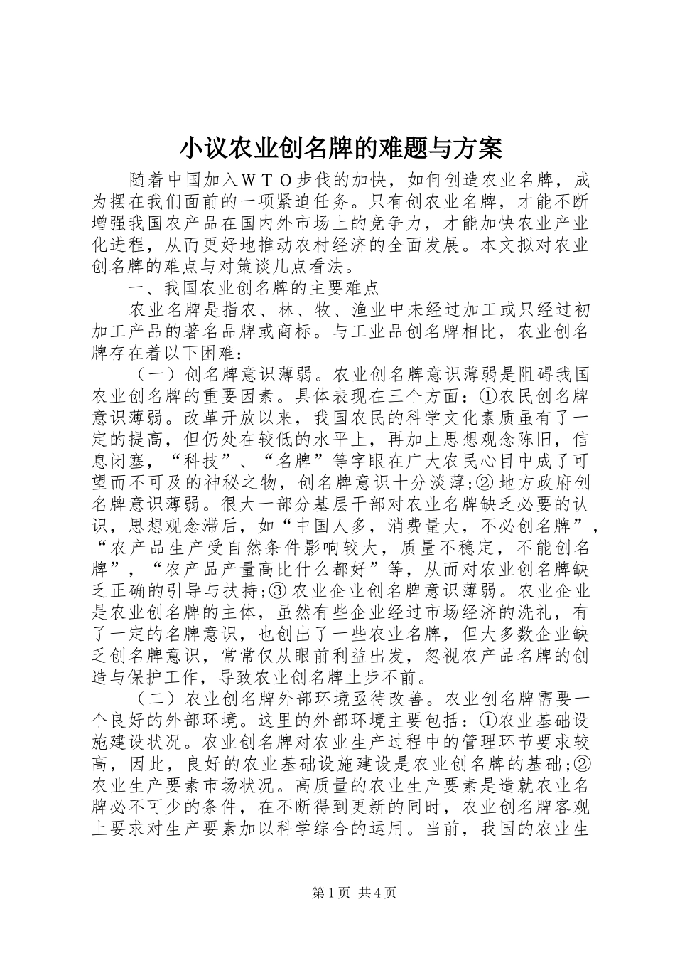小议农业创名牌的难题与实施方案_第1页