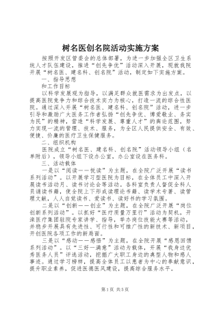 树名医创名院活动方案
