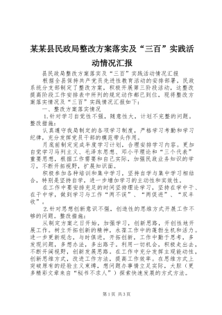 某某县民政局整改实施方案落实及“三百”实践活动情况汇报