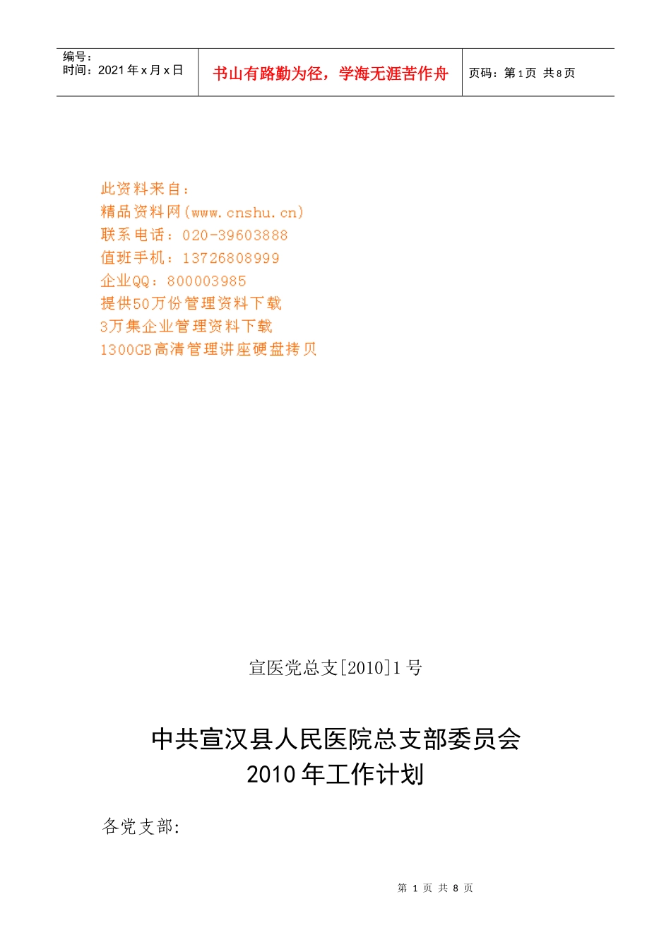 某县人民医院总支部委员会年度工作计划_第1页