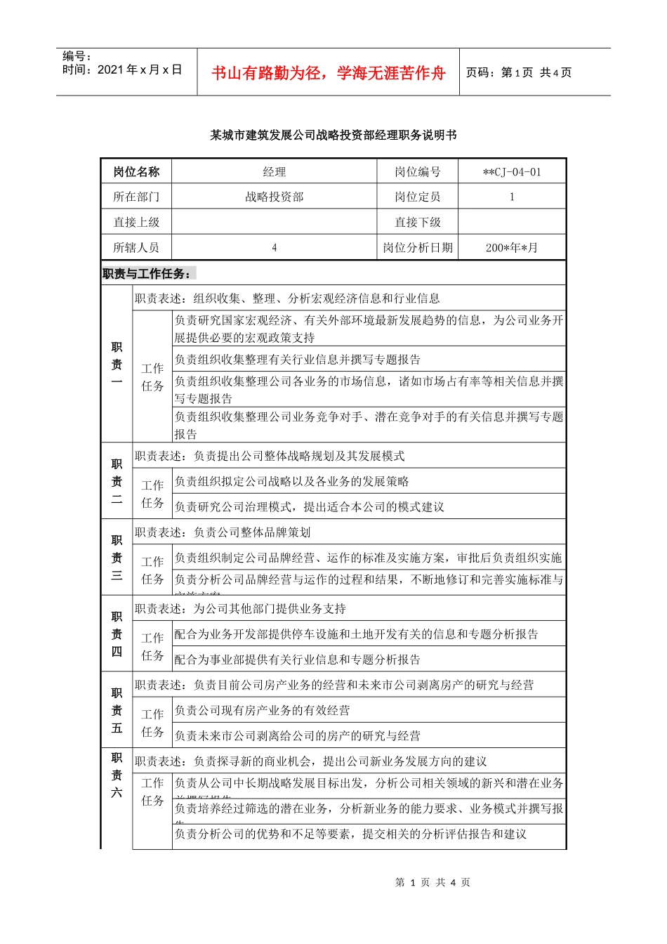 某城市建筑发展公司战略投资部经理职务说明书_第1页