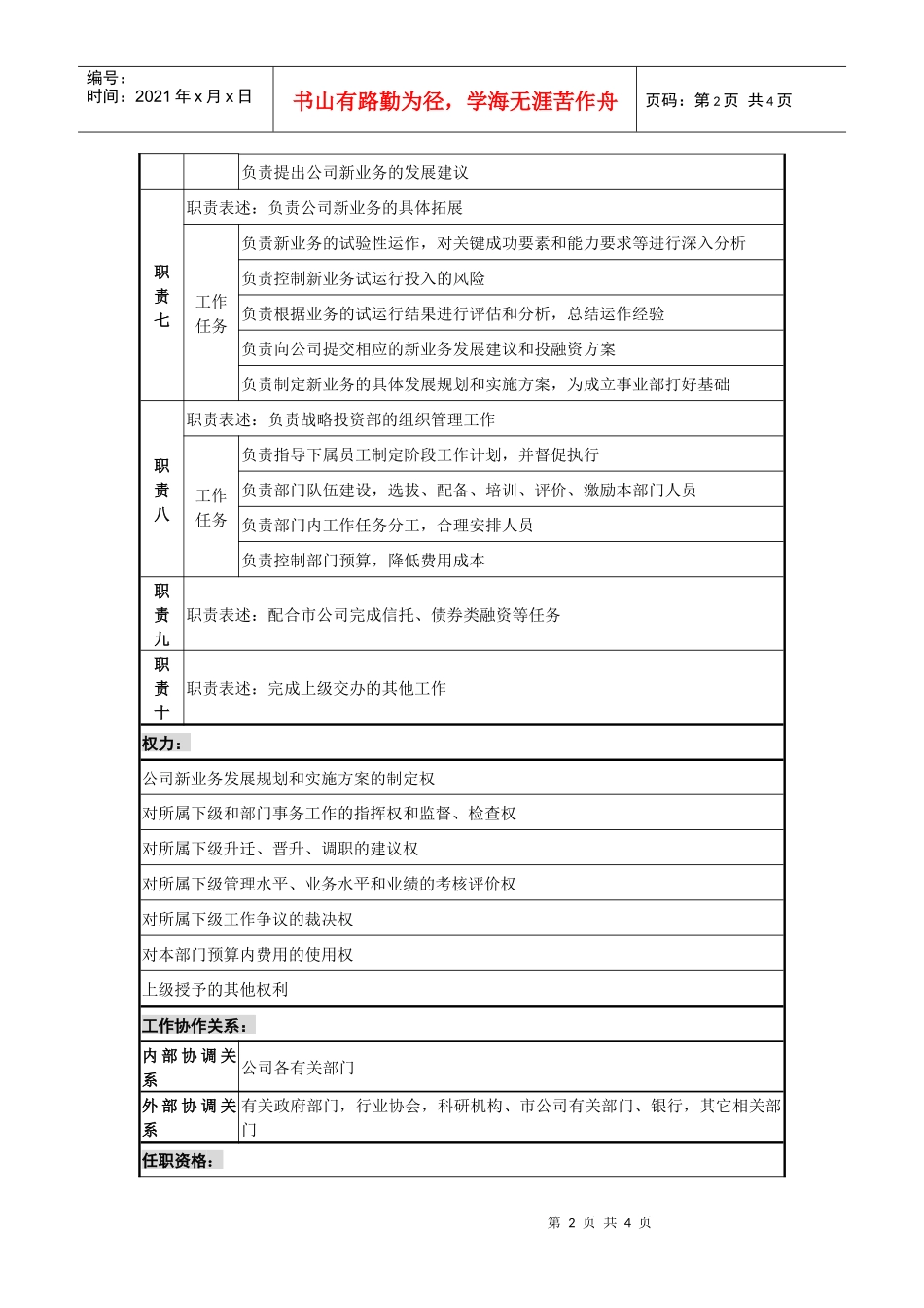 某城市建筑发展公司战略投资部经理职务说明书_第2页