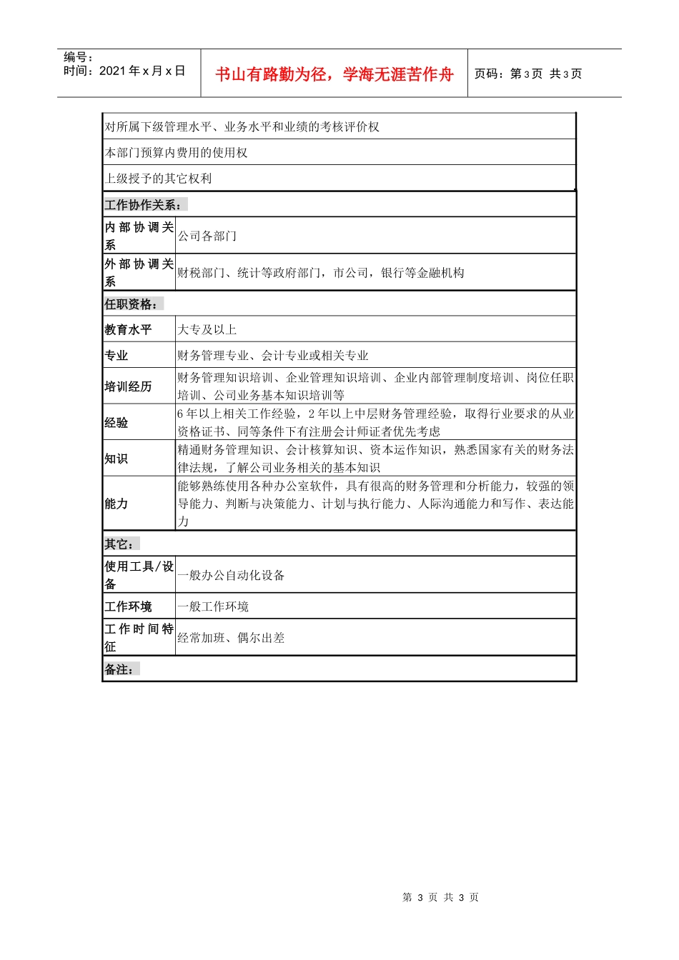 某城市建筑发展公司财务部经理职务说明书_第3页