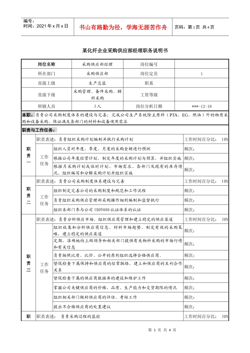 某化纤企业采购供应部经理职务说明书_第1页