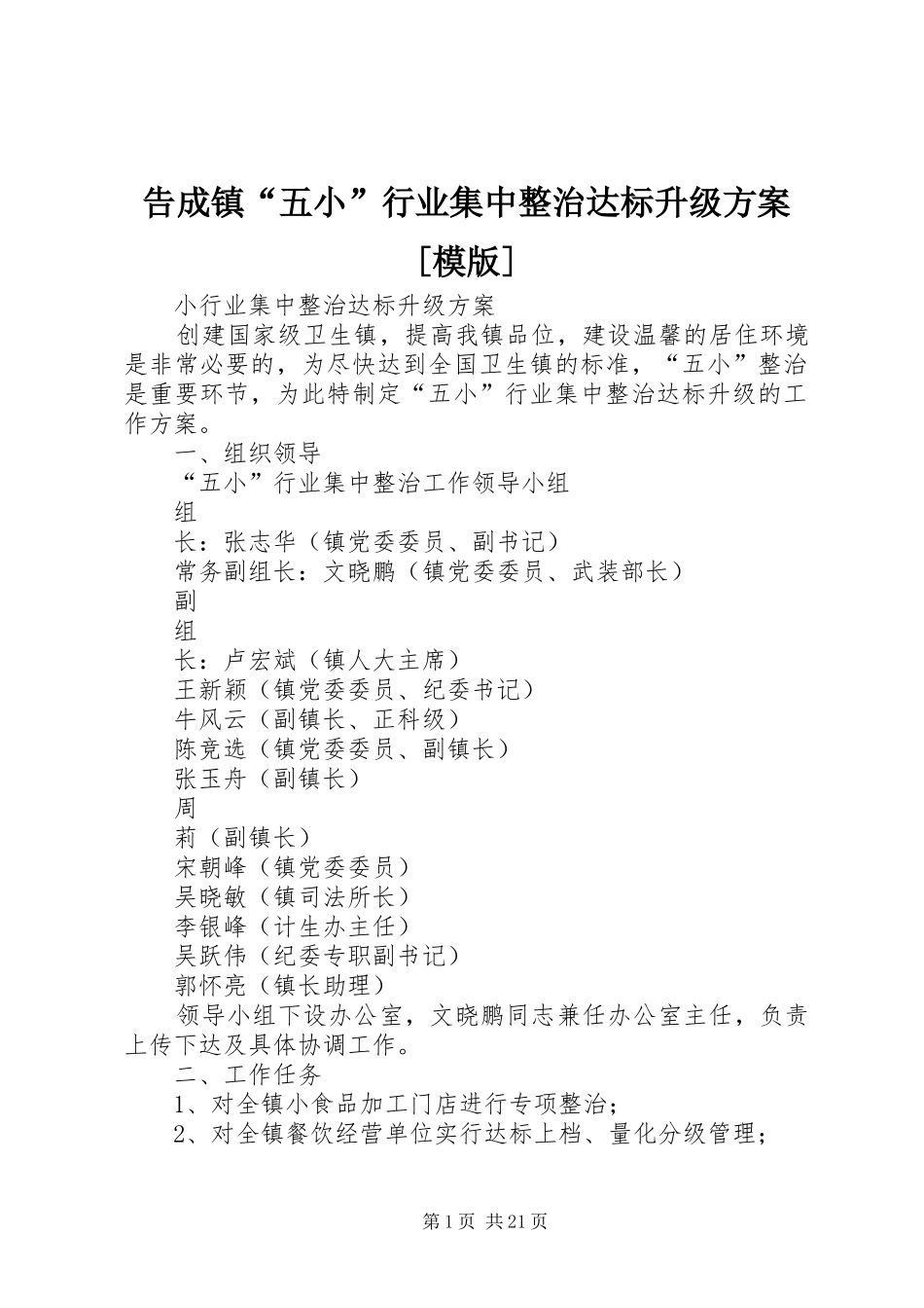告成镇“五小”行业集中整治达标升级实施方案[模版]_第1页