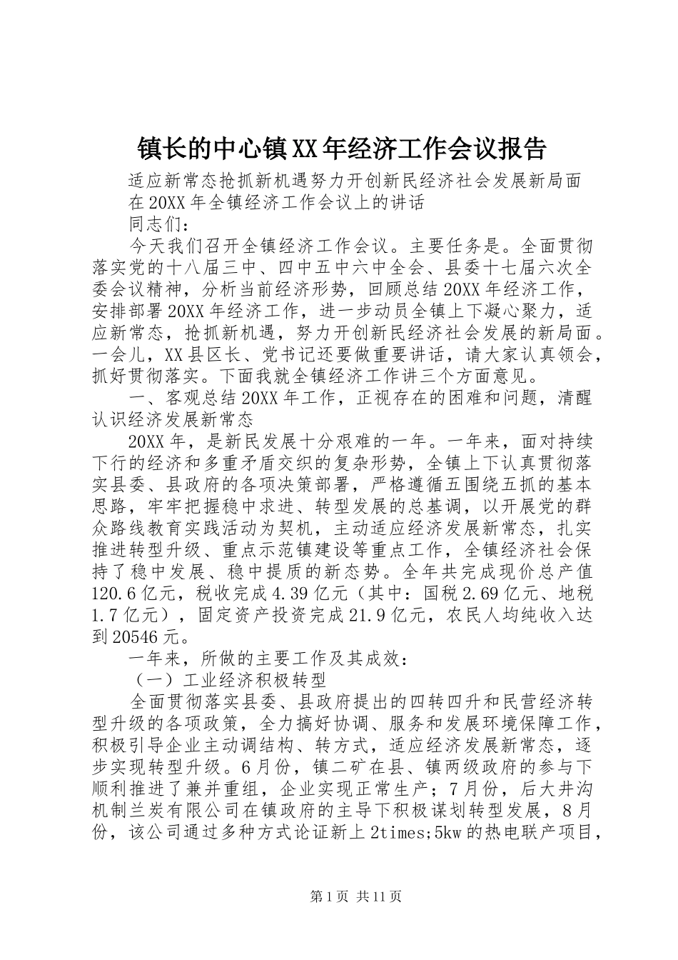 镇长的中心镇经济工作会议报告_第1页
