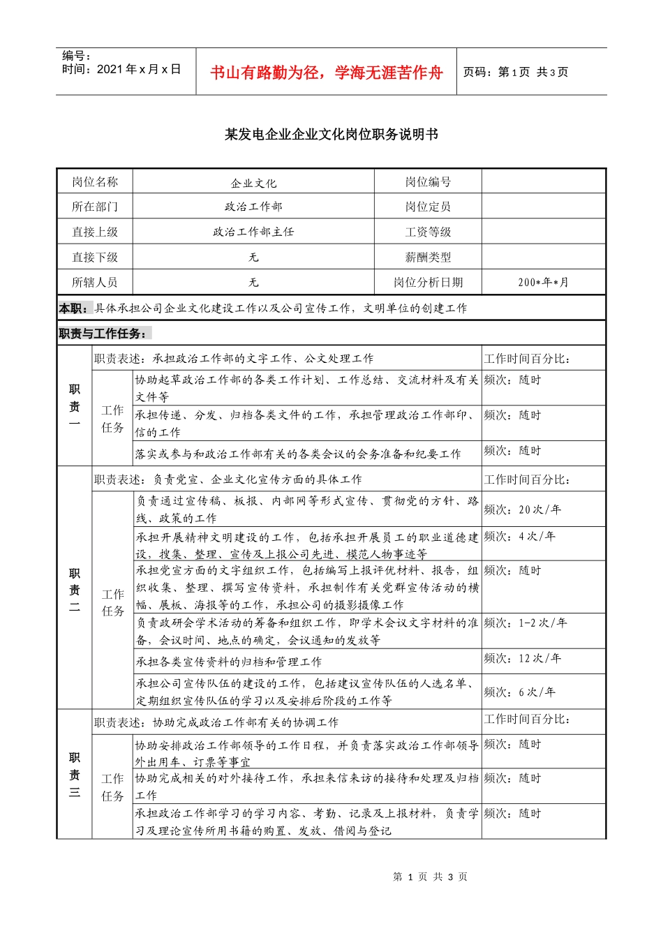 某发电企业企业文化岗位职务说明书_第1页