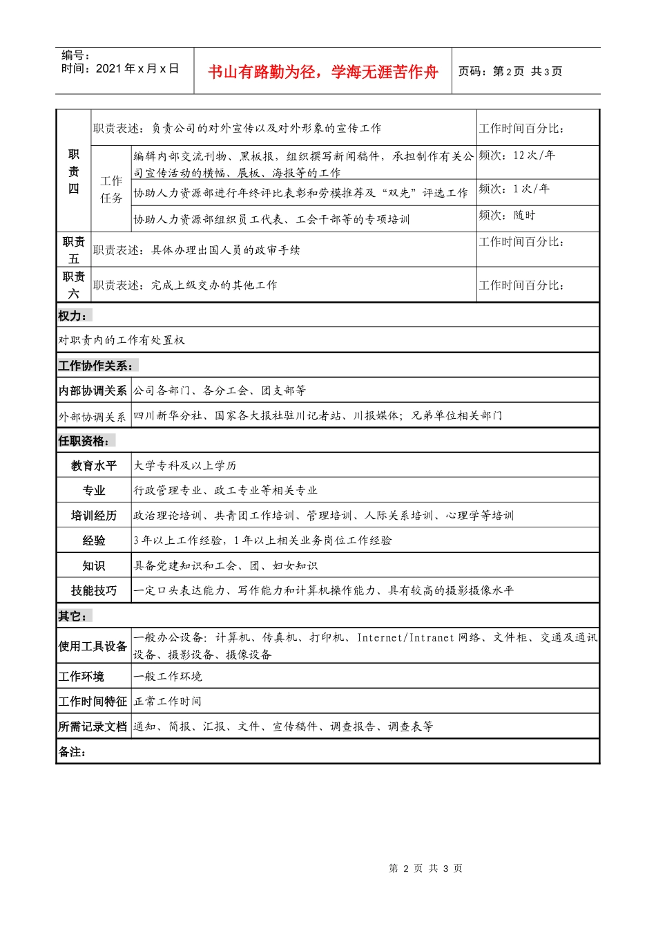 某发电企业企业文化岗位职务说明书_第2页