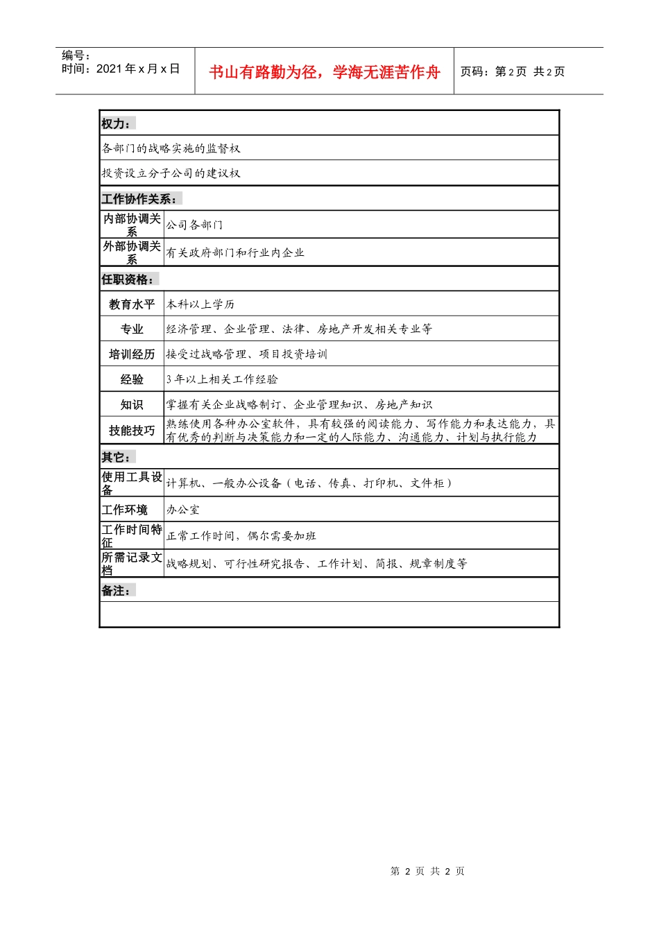 某地产企业总经理办公室战略管理职务说明书_第2页