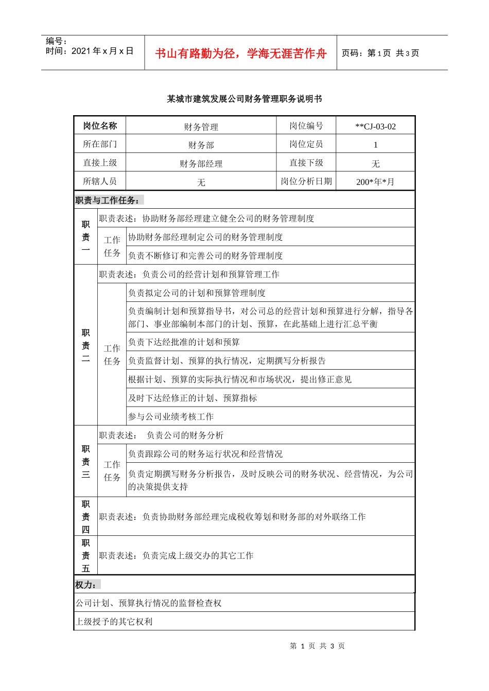 某城市建筑发展公司财务管理职务说明书_第1页