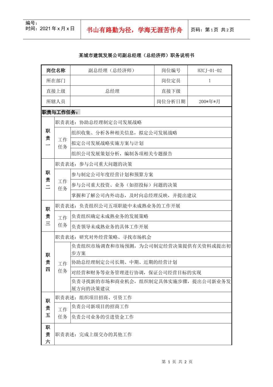某城市建筑发展公司副总经理（总经济师）职务说明书_第1页